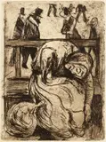 Edvard Munch, Gammel kvinne på benk, Radering trykket i sort på middels tykt beige