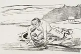 Edvard Munch, Omegas død, Litografi trykket i sort på tynt hvitt papir, opp