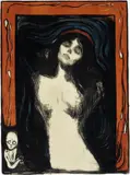 Edvard Munch, Madonna, Fargelitografi trykket i sort, rødt, blått og lyst olivengrønt på Japan papir