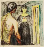 Edvard Munch, Marat og Charlotte Corday, Litografi trykket i sort på middels tynt beige