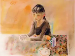 Hans Normann Dahl, Ved frokostbordet, 1992, Blyant og pastell på papir, lysmål