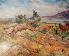 Utsikt mot Gansfjorden by Emil Abrahamsen, Olje på lerret, sold Jun 2005