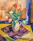 Sigurd Eriksen, Oppstilling med tulipaner i mugge, 1944, Olje på plate