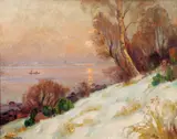 Kystlandskap med robåt, vinter by Thorolf Holmboe, Olje på lerret, sold Jun 2005