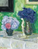 Oppstilling med blomstervaser og porselensfigur by Thorolf Holmboe, Olje på lerret, sold Jun 2005