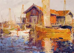 Toralf Jergill, Båter ved brygge, Olje på lerret