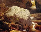 Gustav Adolph Mordt, Elveparti med kampestein, studie, 1849, Olje på papir, oppklebet på plate