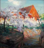 Karl Dørnberger, Frukttre i blomst, 1915, Olje på plate