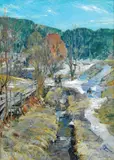 Gerhard Munthe, Landskap med to gutter ved bekk, Ulvin, 1918, Olje på lerret