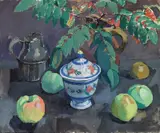 Sara Fabricius, Stilleben med epler, kaffekanne og sukkerkopp, 1920, Olje på lerret