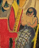 Lesende kvinne ved piano by Johannes Rian, Olje på plate, sold May 2005