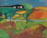 Erling Enger, Landskap med hvite hus, 1943, Olje på plate