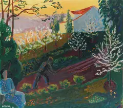 Vårkveld i hagen by Ole Mæhle, 1940, Olje på lerret, sold May 2005