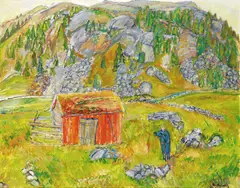 Alexander Schultz, Mann ved løe, Olje på lerret