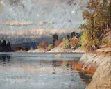 Fjordlandskap med robåt by Adelsteen Normann, Olje på lerret, sold May 2005