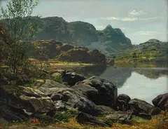 Anders Askevold, Landskap med innsjø, 1853, Olje på papir, oppklebet på lerret som er oppklebe
