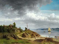 Morten Müller, Norsk kystlandskap med folkeliv, 1857, Olje på lerret