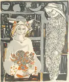 Mor og datter by Kai Fjell, Serigrafi, lysmål, sold Dec 2004