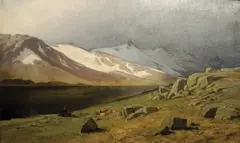 Anders Kjær, Fjellandskap med beitende kyr på setervoll, 1885, Olje på lerret