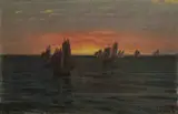 Carl Wilhelm Barth, Ved solnedgang, sardinfiskere vender hjem, Olje på lerret, oppklebet på plate