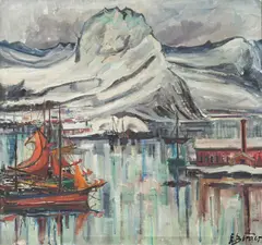 Einar Berger, Fiskevær i Lofoten, 1941, Olje på lerret