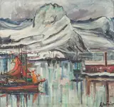 Einar Berger, Fiskevær i Lofoten, 1941, Olje på lerret