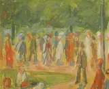 Bjarne Engebret, Figurer i park. Skisse, Olje på plate