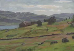 Jacob Gløersen, Seter i fjellandskap, 1900, Olje på lerret