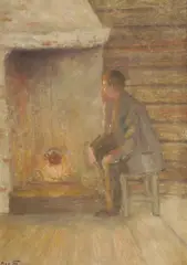 Oscar Grønmyra, Mann ved grue, Olje på lerret