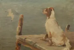 Halfdan Gran, Utpå bryggen, engelsk setter og måke, Olje på lerret