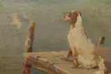 Halfdan Gran, Utpå bryggen, engelsk setter og måke, Olje på lerret