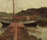 Skute ved kai, fra Frognerkilen by Thorolf Holmboe, Olje på lerret, sold Dec 2004