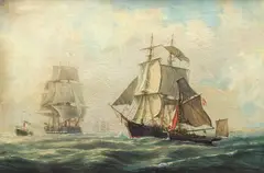 Hans Emil Andreas Jahn, Seilskuter og dampbåt, 1898, Olje på lerret