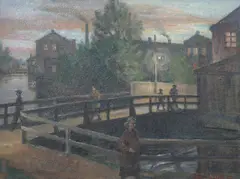 Rolf Buchmann Indseth, Mennesker på bro, 1949, Olje på plate