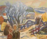 Rolf Kongsvold, Vinterdag Vågå, 1945, Olje på plate