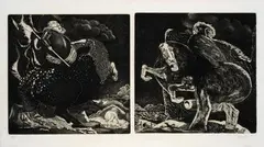 Por los corredores del tiempo oigo caballos (J. M. Roca) - (De la carpeta "En homenaje a Ucello") by Augusto Rendón, 1978, Aguafuerte sobre papel. Ejemplar Prueba de artista, sold Jul 2026