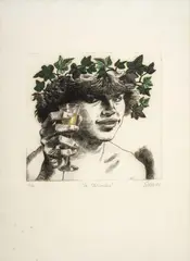 Enrique Grau, El brindis, 1979, Punta seca, serigrafía iluminada sobre papel. Ejemplar prueba de artista
