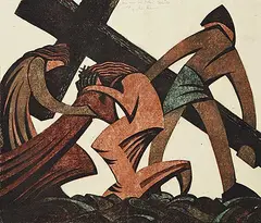 Sybil Andrews, Jesus Meets His Mother: Station IV #T.P. 4, 1965, colour lino block on paper