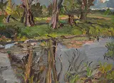 Ralph Wallace Burton, Late Summer [Creek near Mountain, Ont.], 1970, oil on wood panel