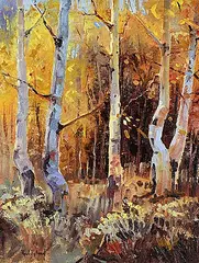 Paul Dykman, Fall Aspens, oil on wood board
