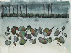 Edward William Godwin, Lily Pads #10, hand coloured monoprint on paper