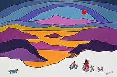 Ted Harrison, Les Loups Bleus, 1977, acrylic on wood board