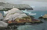 Hilton Macdonald Hassell, Rocks and Gulls, Middle Point Cove, N.S., 1979, acrylic on canvas board