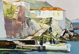 Hilton Macdonald Hassell, Visitors to Kamini, Hydra, Greece, 1969, oil on wood board