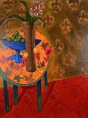 Grant Leier, Wonderful Orchid, Blue Bowl of Green Oranges on Love Glow Table, 2001, acrylic on canvas