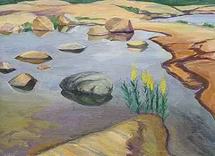 Doris Jean McCarthy, Yellow Loosestrife in Polly's Puddle, 1996, oil on wood board