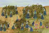 Irene E. McCaugherty, Hutterite Girls Picking Berries [Wheelerville Series], 1990, watercolour on paper