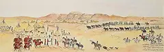 Irene E. McCaugherty, Mounted Police on Patrol, Freight from Fort Benton to Fort MacLeod, 1875, 1983, watercolour and ink on paper