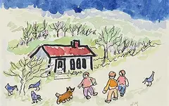 Janet Mitchell, One Little House, 3 Kids, 4 Birds and 1 Dog!, watercolour on paper