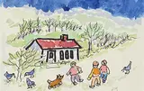 Janet Mitchell, One Little House, 3 Kids, 4 Birds and 1 Dog!, watercolour on paper
